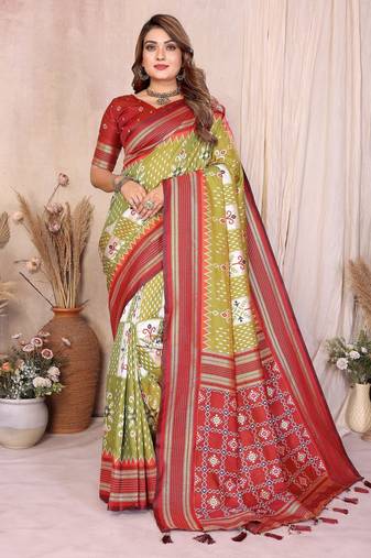 green premium south soft silk blend saree
