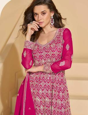 Pink thread and sequins embroidery georgette straight top palazzo suit- - Full Stitched free size 2