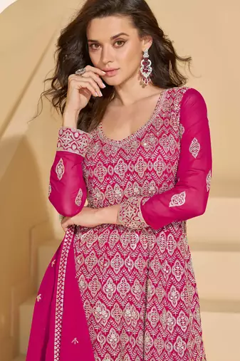 Pink thread and sequins embroidery georgette straight top palazzo suit- - Full Stitched free size