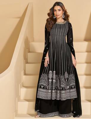 Black thread and sequins embroidery georgette straight top palazzo suit- - Full Stitched free size 1