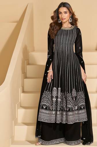 Black thread and sequins embroidery georgette straight top palazzo suit- - Full Stitched free size