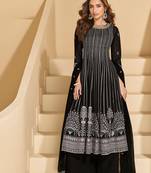 Black thread and sequins embroidery georgette straight top palazzo suit- - Full Stitched free size