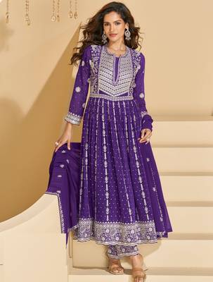 Purple thread and sequins embroidery georgette straight top palazzo suit--Full Stitched free size 1