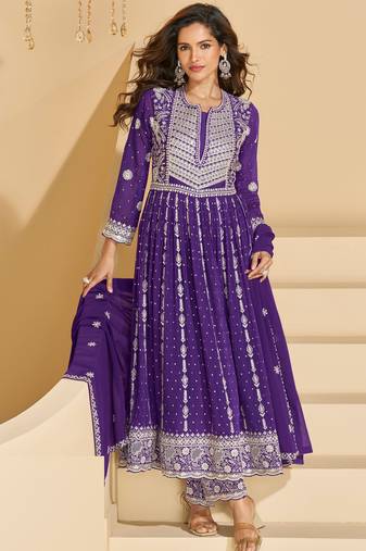Purple thread and sequins embroidery georgette straight top palazzo suit--Full Stitched free size