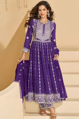 Purple thread and sequins embroidery georgette straight top palazzo suit--Full Stitched free size