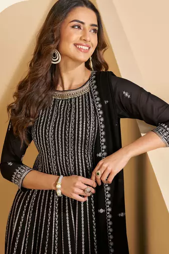 Black thread and sequins embroidery georgette straight top palazzo suit- - Full Stitched free size