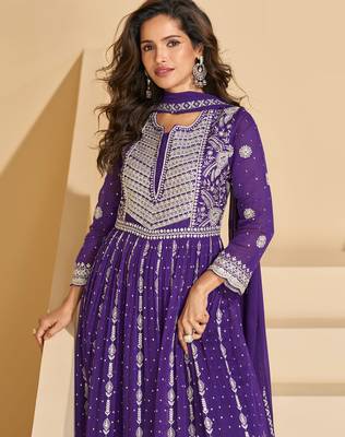 Purple thread and sequins embroidery georgette straight top palazzo suit--Full Stitched free size 2
