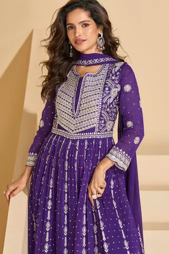 Purple thread and sequins embroidery georgette straight top palazzo suit--Full Stitched free size