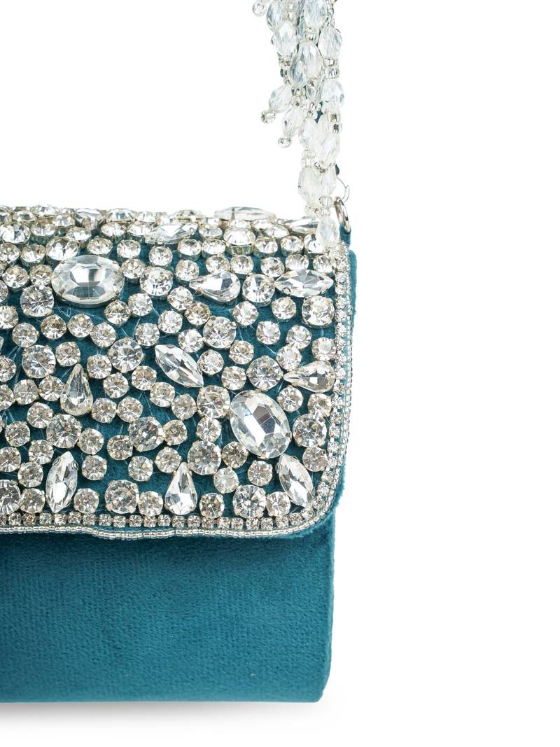 crystal cascade deep teal & silver stone embellished suede clutch