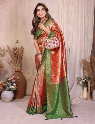 orange banarasi tissue art silk saree 2