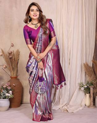 purple banarasi tissue art silk saree 2