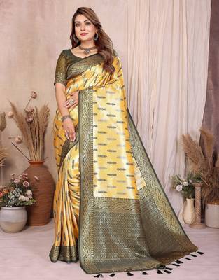 yellow banarasi tissue art silk saree 1