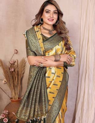 yellow banarasi tissue art silk saree 2
