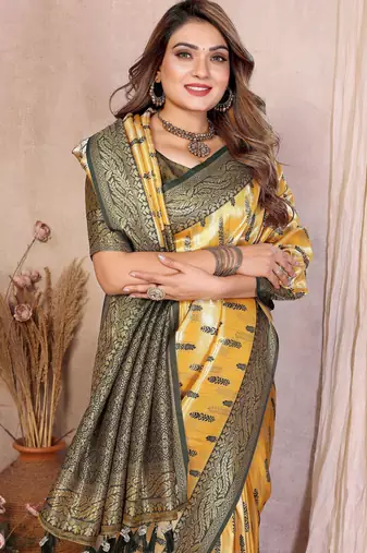 yellow banarasi tissue art silk saree