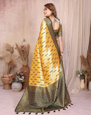 yellow banarasi tissue art silk saree 3