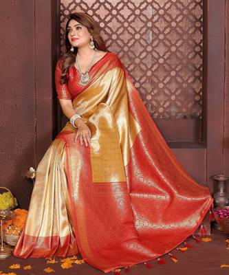 beige banarasi tissue art silk saree 2