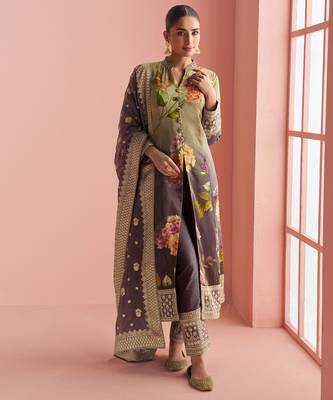 Beige & purple emboidery  sequince & printed silk front cut a-line kurta pant suit- - Full Stitched free size 1