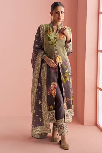 Beige & purple emboidery  sequince & printed silk front cut a-line kurta pant suit- - Full Stitched free size