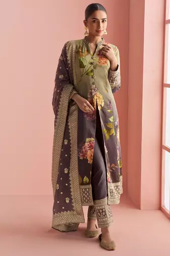 Beige & purple emboidery  sequince & printed silk front cut a-line kurta pant suit- - Full Stitched free size