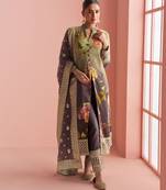 Beige & purple emboidery  sequince & printed silk front cut a-line kurta pant suit- - Full Stitched free size