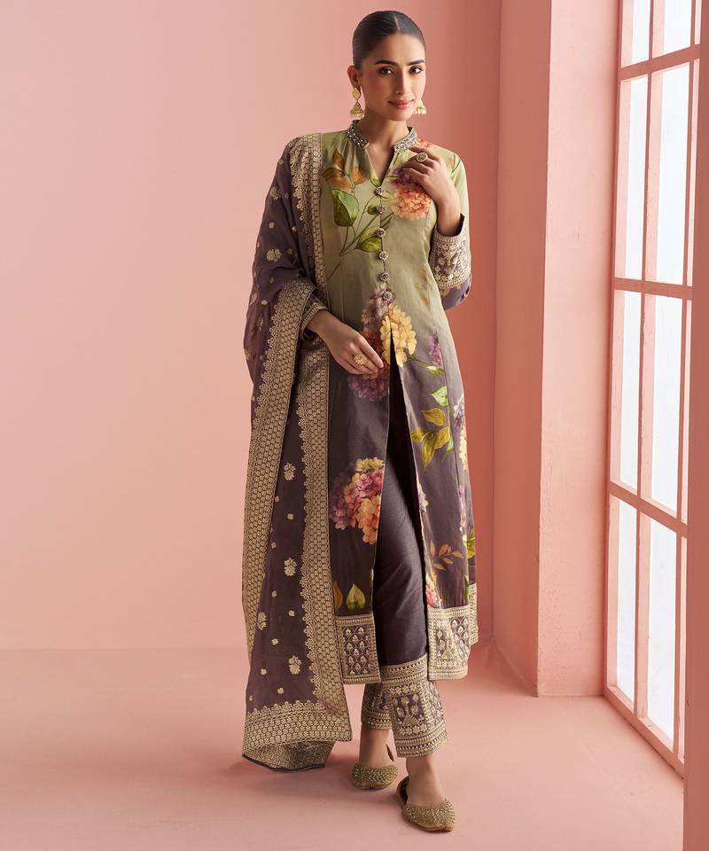 Beige & purple emboidery  sequince & printed silk front cut a-line kurta pant suit- - Full Stitched free size