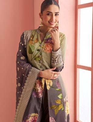 Beige & purple emboidery  sequince & printed silk front cut a-line kurta pant suit- - Full Stitched free size 2