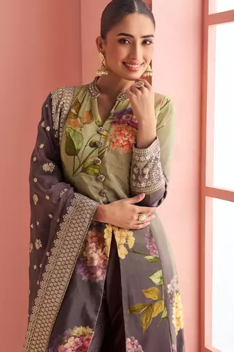 Beige & purple emboidery  sequince & printed silk front cut a-line kurta pant suit- - Full Stitched free size