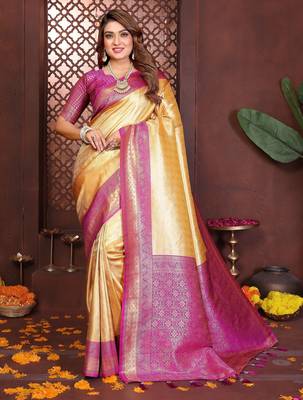 yellow banarasi tissue art silk saree 1