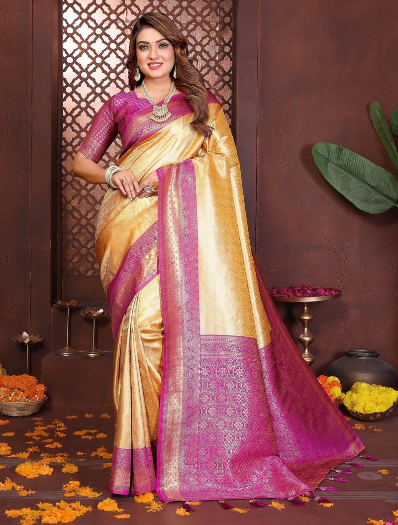 yellow banarasi tissue art silk saree