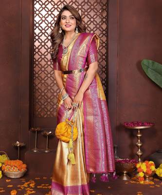 yellow banarasi tissue art silk saree 2