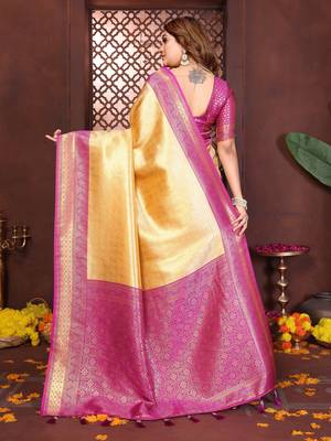yellow banarasi tissue art silk saree 3