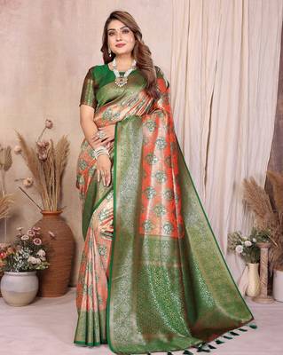 orange banarasi tissue art silk saree 1