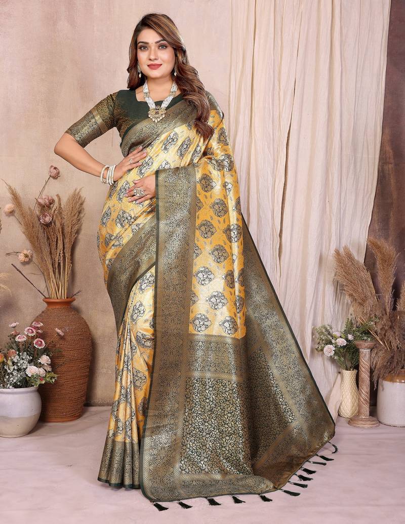 yellow banarasi tissue art silk saree