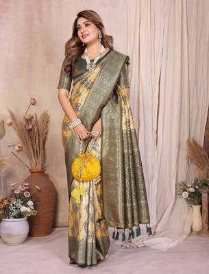 yellow banarasi tissue art silk saree 2