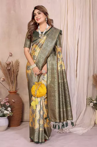 yellow banarasi tissue art silk saree