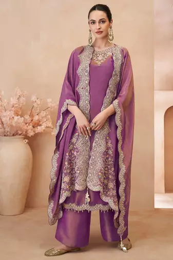 Lavender simmar silk straight top palazzo with thread sequin and stone embroidery detailing-Full Stitched free size