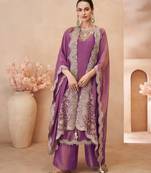 Lavender simmar silk straight top palazzo with thread sequin and stone embroidery detailing-Full Stitched free size