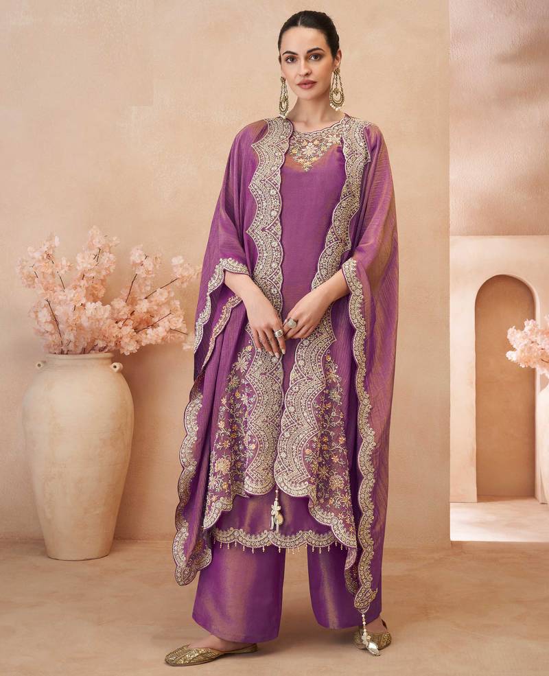 Lavender simmar silk straight top palazzo with thread sequin and stone embroidery detailing-Full Stitched free size