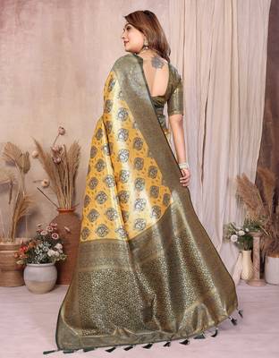 yellow banarasi tissue art silk saree 3