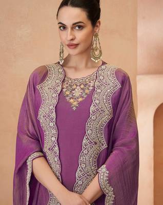Lavender simmar silk straight top palazzo with thread sequin and stone embroidery detailing-Full Stitched free size 2