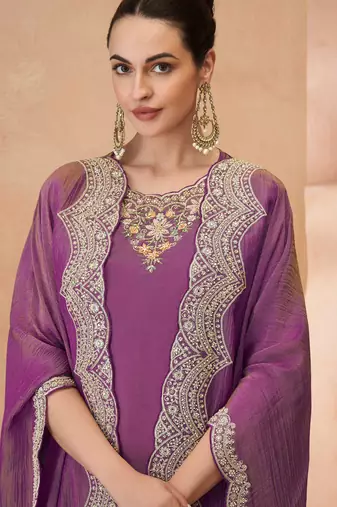 Lavender simmar silk straight top palazzo with thread sequin and stone embroidery detailing-Full Stitched free size