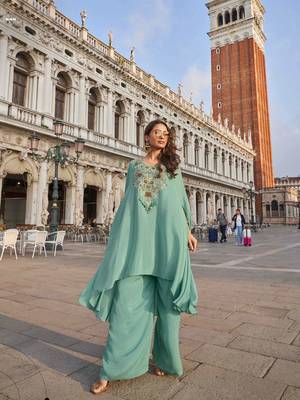Sea green crepe silk top palazzo with thread-zari embroidery beads stones and sequin-Full Stitched free size 1