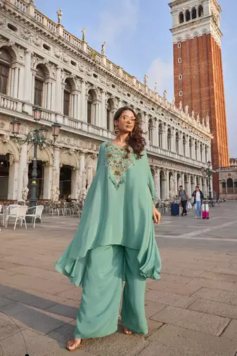 Sea green crepe silk top palazzo with thread-zari embroidery beads stones and sequin-Full Stitched free size