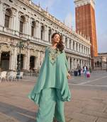 Sea green crepe silk top palazzo with thread-zari embroidery beads stones and sequin-Full Stitched free size