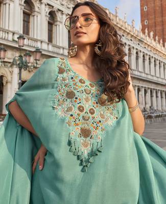 Sea green crepe silk top palazzo with thread-zari embroidery beads stones and sequin-Full Stitched free size 2