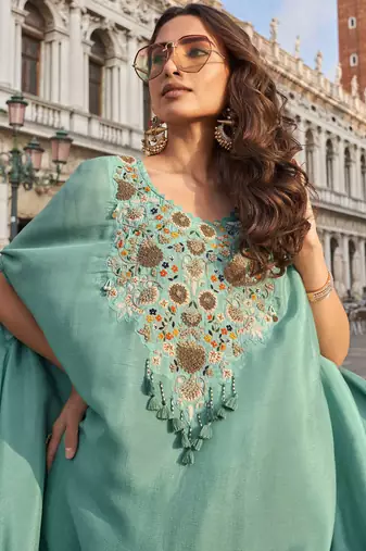 Sea green crepe silk top palazzo with thread-zari embroidery beads stones and sequin-Full Stitched free size