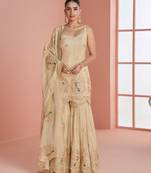 Light yellow chinnon silk straight top palazzo with zari, thread, motif and sequin work plus border.
