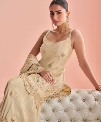 Light yellow chinnon silk straight top palazzo with zari, thread, motif and sequin work plus border. 2