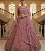  pink diamond work net lehenga set choli with dupatta