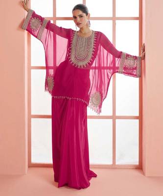 

pink chinnon silk poncho palazzo with zari thread motif and sequin work plus detailed border-Full Stitched free size 1